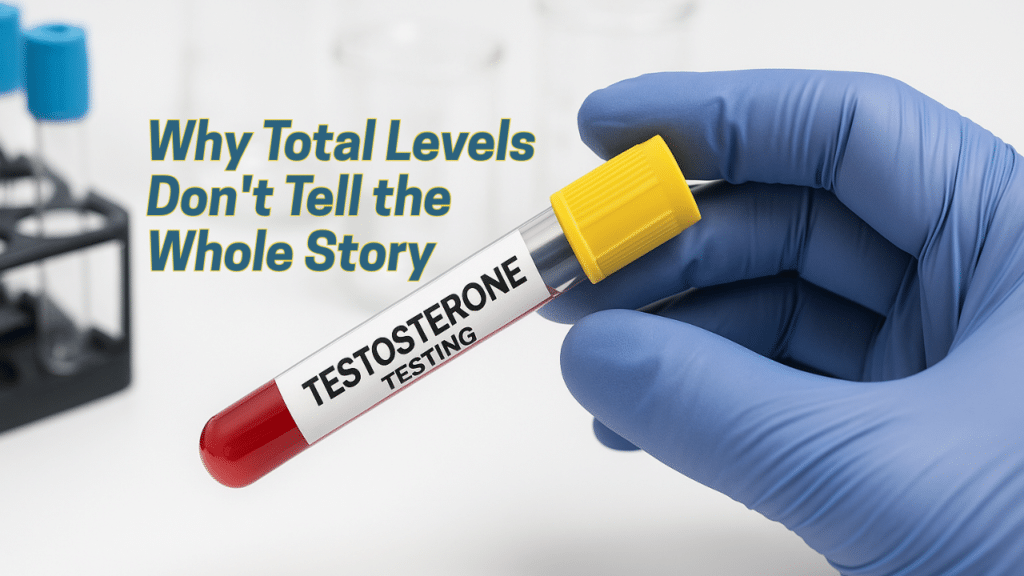 Gloved hand holding a blood sample tube labeled 'Testosterone Testing' in a clean laboratory setting, highlighting hormone health diagnostics and medical lab procedures.